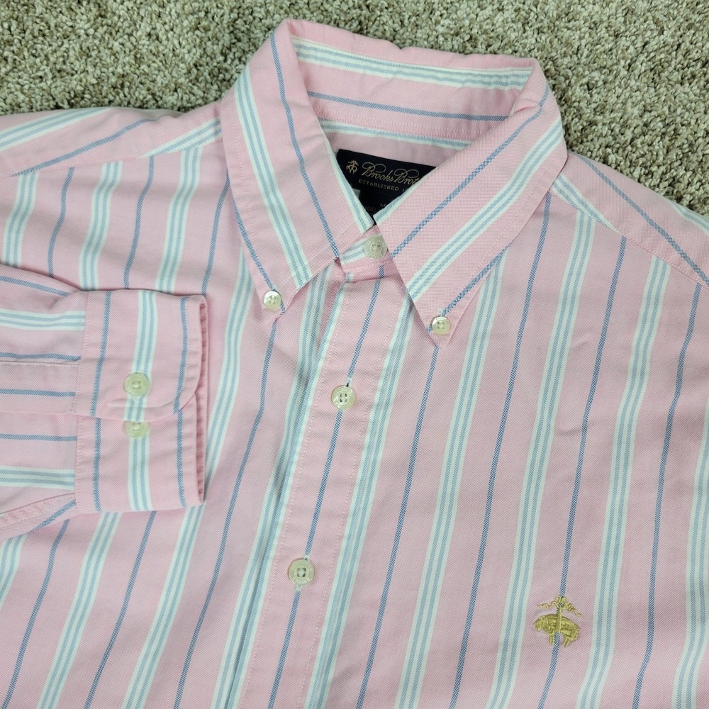 Brooks Brothers Mens Medium Pink Striped Logo Button Down Long Sleeve